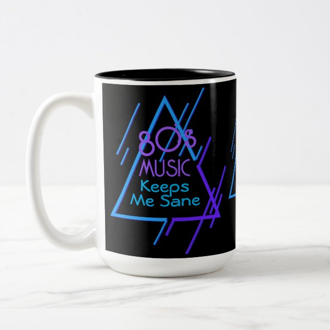 Monogrammed 80's Music Keeps Me Sane Black Two-Tone Coffee Mug (Left)