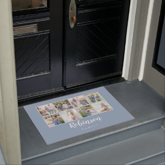 Monogrammed 8 Photo Family Collage Light Blue Doormat