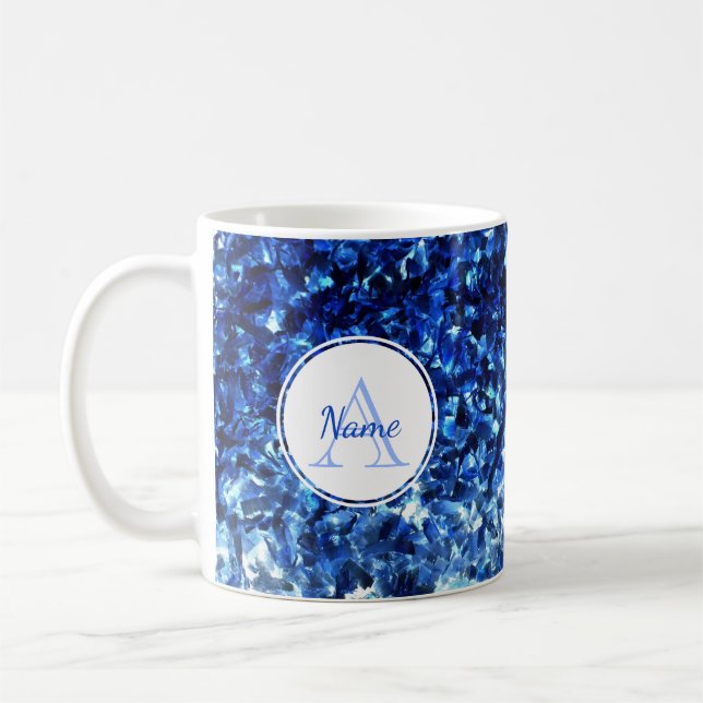 Monogrammed Abstract Blue Paint Strokes Mug (Left)