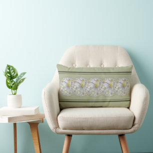 Monogrammed Abstract Daisy Flower Art, Grey Green Lumbar Cushion