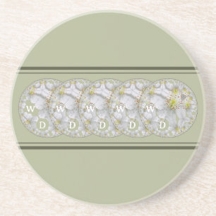 Monogrammed Abstract Daisy Flower Yellow Grey Coaster