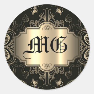 Monogrammed Abstract Floral Black And Gold   Classic Round Sticker