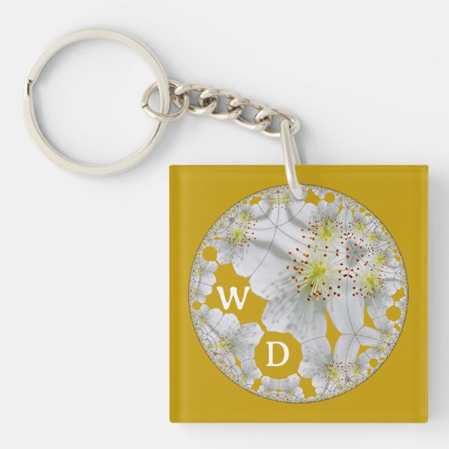 Monogrammed Abstract Fun Flower Orange Yellow Key Ring (Front)