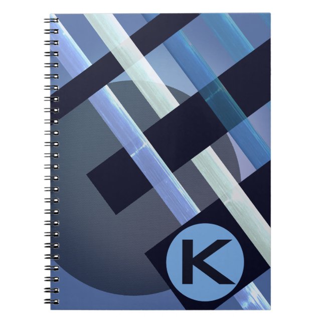 Monogrammed Abstract Weaving Stripes Blue Grey Notebook (Front)