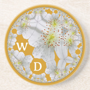 Monogrammed Abstract White Floral Art Dark Gold Coaster