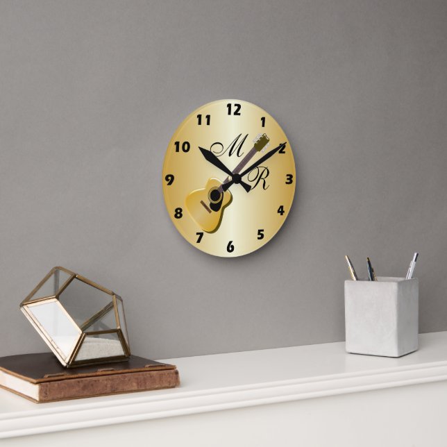 Monogrammed Acoustic Guitar Round Clock (Office)
