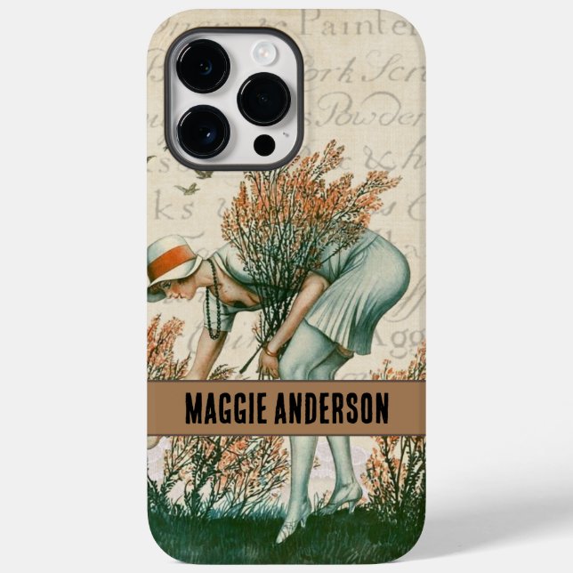 Monogrammed Adorable retro lady in the woods brown Case-Mate iPhone Case (Back)