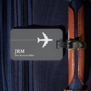Monogrammed Airplane Traveler Name Gray Luggage Tag
