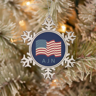 Monogrammed American Flag Christmas Ornament 