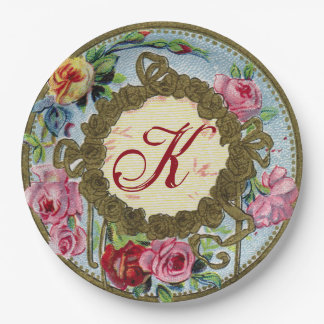Monogrammed Antique French Rose Picnic Paper Plate
