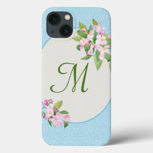 Monogrammed Apple Blossom Flowers on Blue iPhone 13 Case