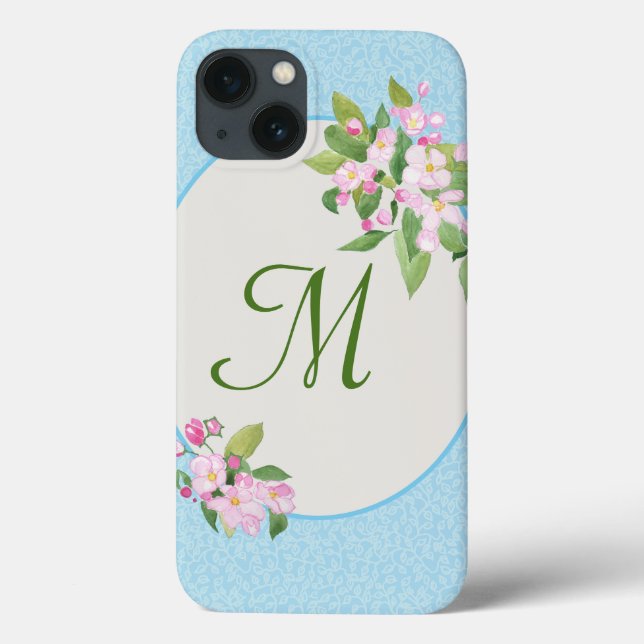 Monogrammed Apple Blossom Flowers on Blue Case-Mate iPhone Case (Back)
