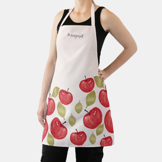Monogrammed Apple Pattern Watercolor Hand-painted Apron (Insitu)