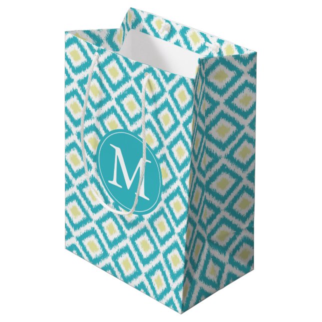 Monogrammed Aqua and Yellow Diamonds Ikat Pattern Medium Gift Bag (Front Angled)