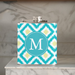 Monogrammed Aqua and Yellow Ikat Pattern Hip Flask