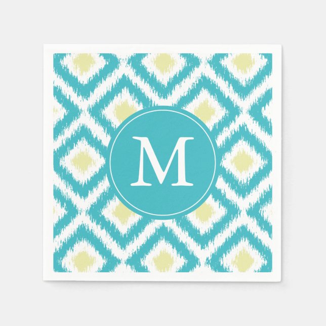 Monogrammed Aqua and Yellow Ikat Pattern Napkin (Front)
