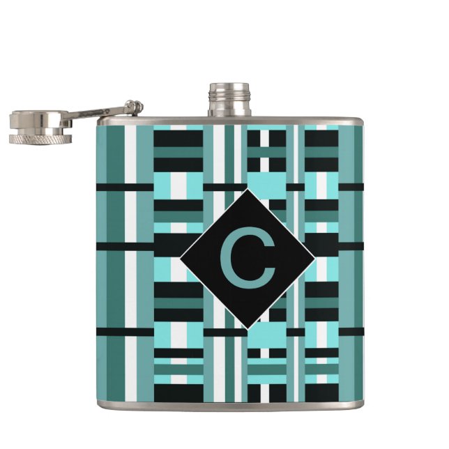 Monogrammed Aqua & Black Plaid Hip Flask (Opened)