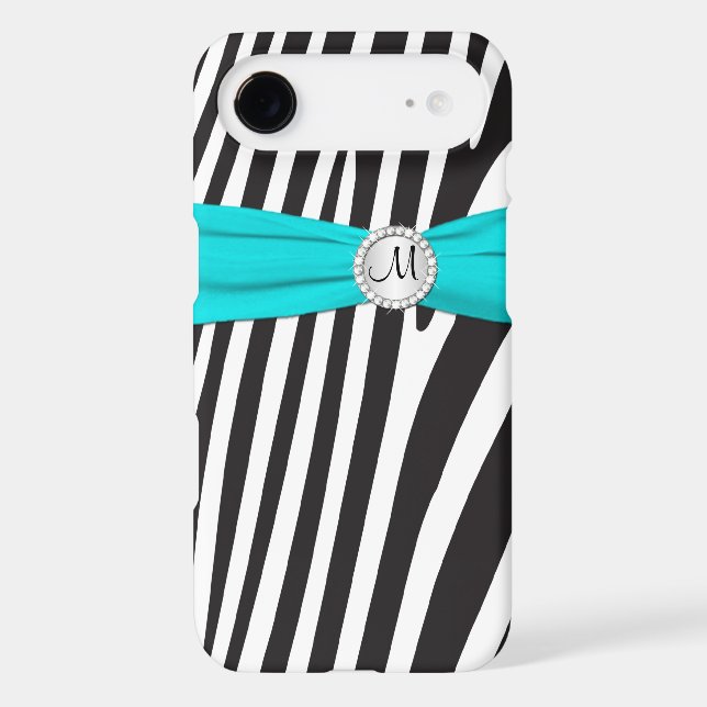 Monogrammed Aqua, Black, White Zebra Striped Case-Mate iPhone Case (Back)