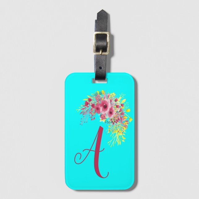 Monogrammed Aqua blue and floral Luggage Tag (Front Vertical)