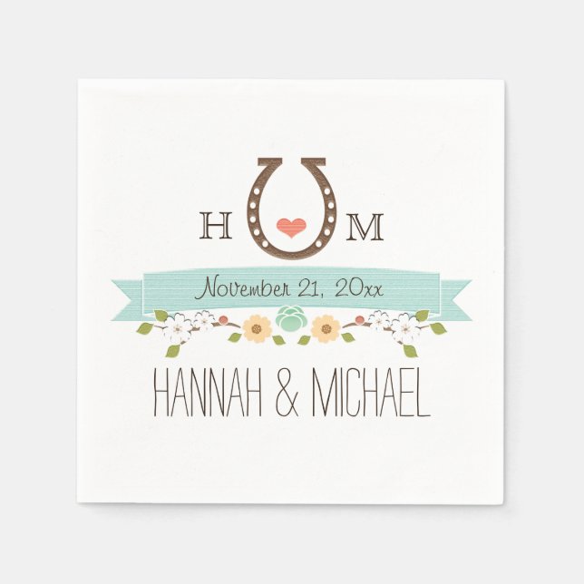 Monogrammed Aqua Blue Horseshoe Heart Wedding Napkin (Front)