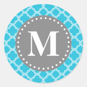 Monogrammed Aqua Blue Modern Quatrefoil Pattern Classic Round Sticker