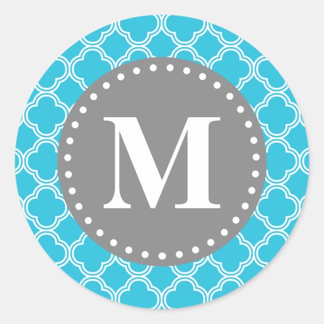 Monogrammed Aqua Blue Modern Quatrefoil Pattern Classic Round Sticker (Front)