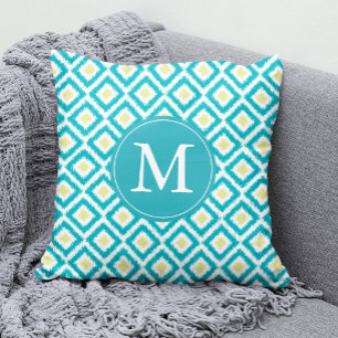 Monogrammed Aqua Lemon Diamonds Ikat Pattern Cushion