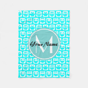 Monogrammed Aqua Turquoise Owls Fleece Blanket