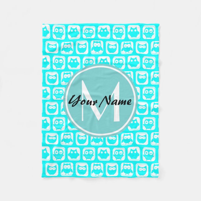 Monogrammed Aqua Turquoise Owls Fleece Blanket (Front)