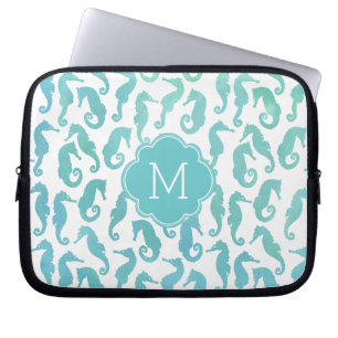 Monogrammed Aqua Watercolor Seahorse Pattern Laptop Sleeve