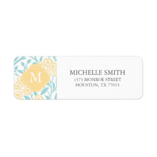 Monogrammed Aqua Yellow Floral Damask Pattern Return Address Label