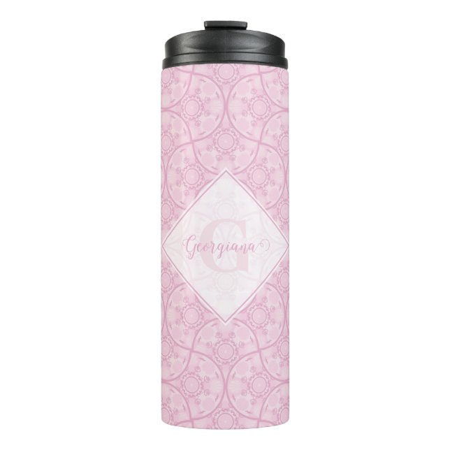 Monogrammed Art Deco Fans Preppy In Pink Mandala Thermal Tumbler (Front)