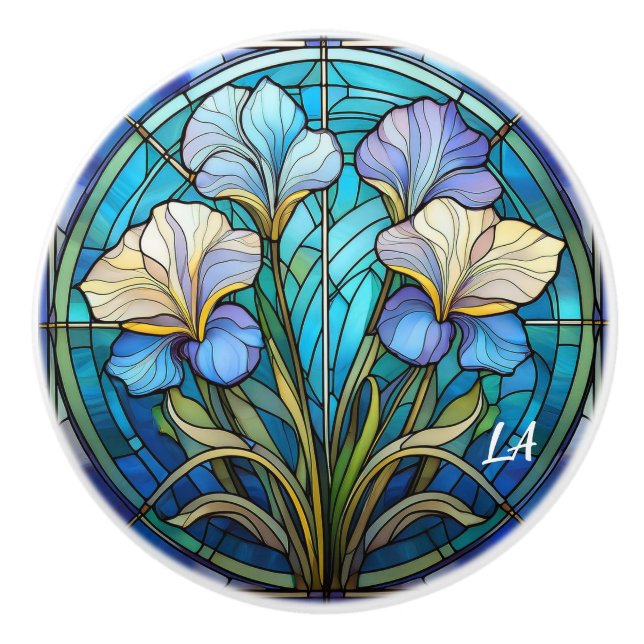 Monogrammed Art Nouveau Elegant Blue Teal Floral Ceramic Knob (Front)