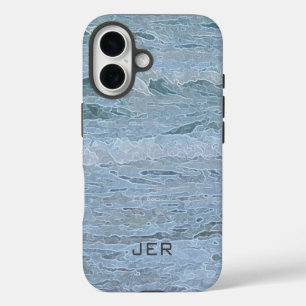 Monogrammed Artistic Blue Green Ocean Waves Art iPhone 16 Case