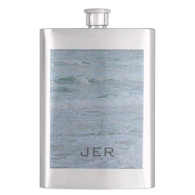 Monogrammed Artistic Blue Green Ocean Waves Hip Flask (Front)