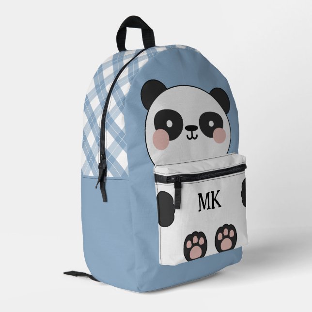 Monogrammed Ash Blue Cute Panda Kids Printed Backpack (Back Corner Left)