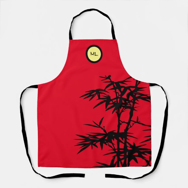 Monogrammed Asian Style Black Yellow Red Apron (Front)