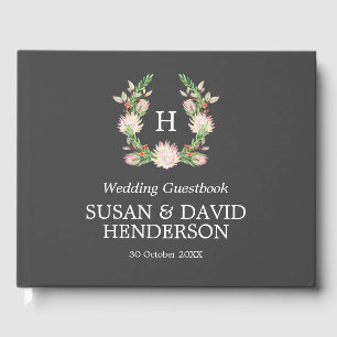 Monogrammed Australian Flowers Grey & Pink Wedding Guest Book
