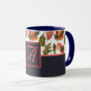 Monogrammed Autumn Leaves Blue Orange Fall Decor Mug