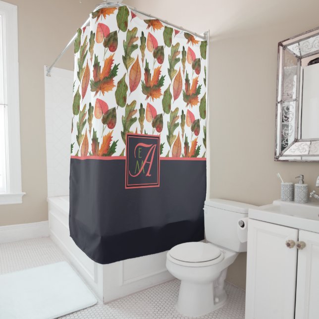 Monogrammed Autumn Leaves Blue Orange Fall Decor Shower Curtain (In Situ)
