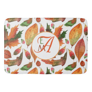 Monogrammed Autumn Leaves Fall Orange Green Decor Bath Mat
