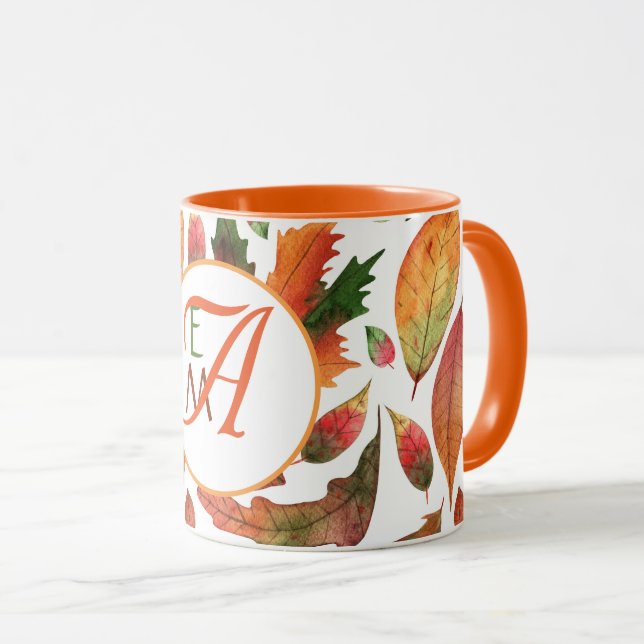 Monogrammed Autumn Leaves Fall Orange Green Decor Mug (Front Right)