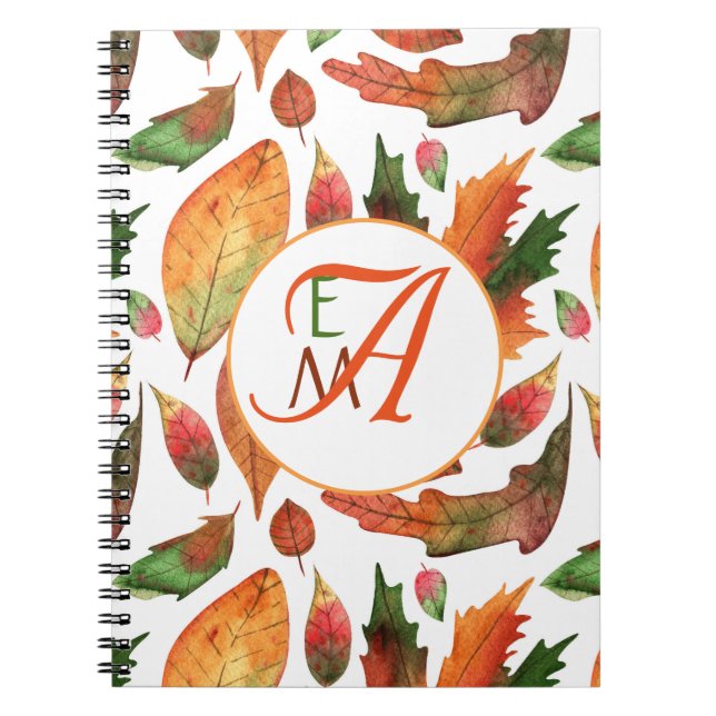 Monogrammed Autumn Leaves Fall Orange Green Decor Notebook (Front)
