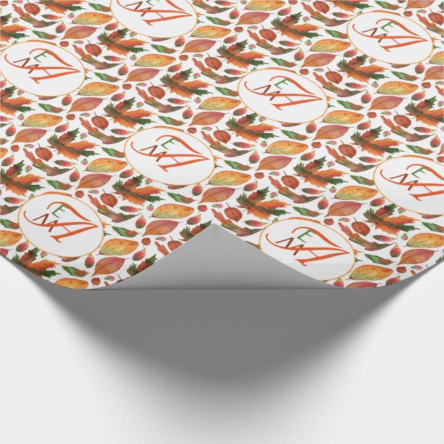 Monogrammed Autumn Leaves Fall Orange Green Decor Wrapping Paper (Corner)