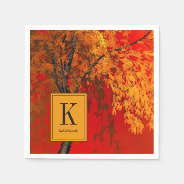 Monogrammed Autumn Tree Painting Paper Napkin (Front)