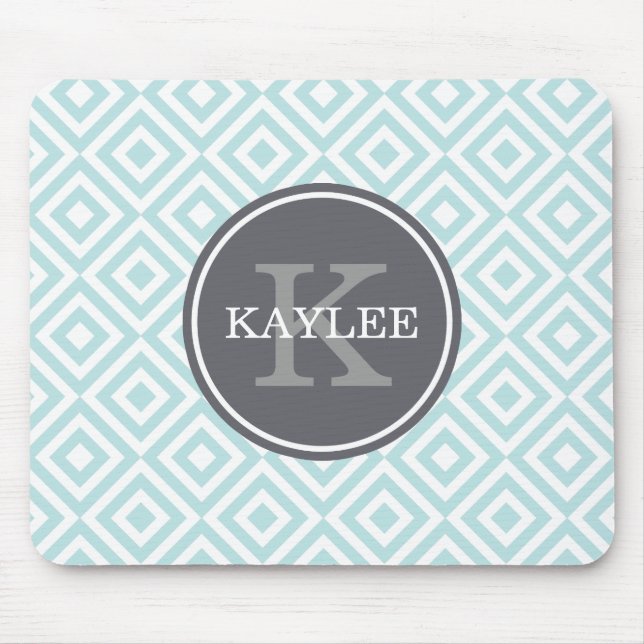 Monogrammed Baby Blue Geometric Diamond Pattern Mouse Pad (Front)
