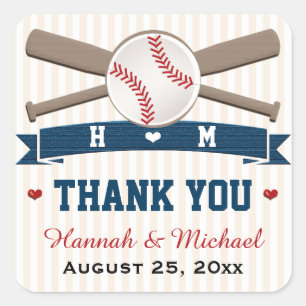 MONOGRAMMED BASEBALL THANK YOU WEDDING FAVOR SQUARE STICKER