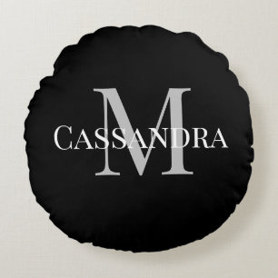 Monogrammed Basic Black Solid Colour Plain Simple Round Cushion