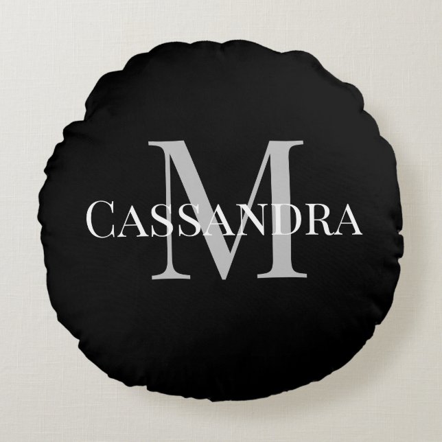 Monogrammed Basic Black Solid Colour Plain Simple Round Cushion (Front)