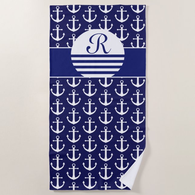 Monogrammed Beach Towels - Navy Blue Nautical (Front)